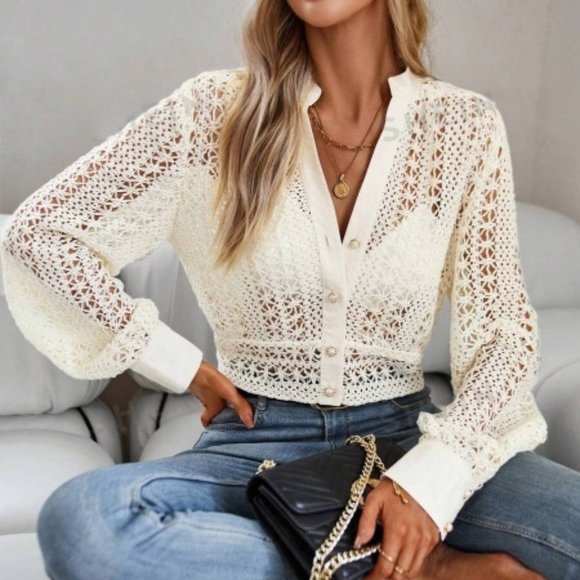 White Hollow Out Button Front Crop Blouse - Picture 2 of 3